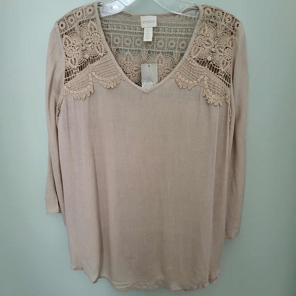 Chico's Women Size 0 XS Lace Crochet Beige Peasant‎ 3/4 Sleeve Top New